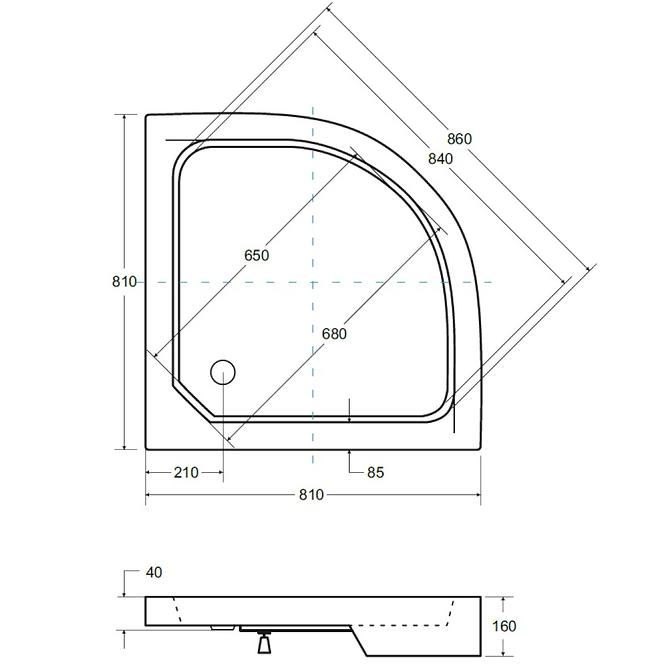 Duschwanne halbkreisförmig Alex 80x80x4/16