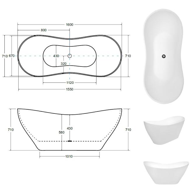 Freistehende Badewanne Viya 160x70 weiß + klik-klak,5