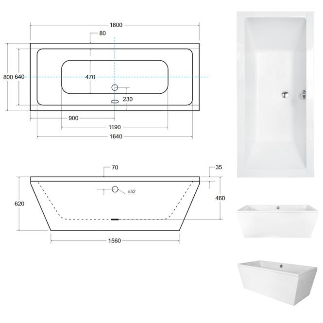 Freistehende Badewanne VERA 180/80 weiß + klik-klak,4