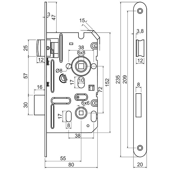 Einsteckschloss z.301-wc.72/55-80/20.l