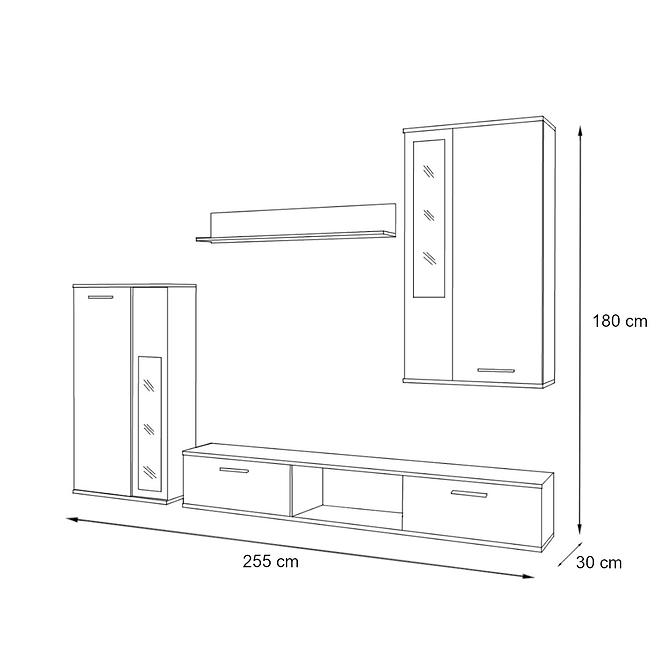 Wohnwand Wow 255cm Weiß / Schwarzes Glas