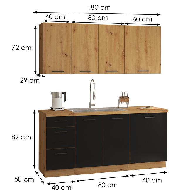 Kuchnia Modena 180cm Schwarz / Handwerkliche Eiche