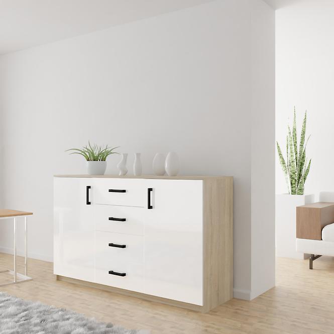 Kommode Bahli 150cm Eiche Sonoma/Weiß Glanz