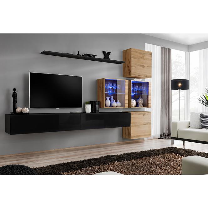 Wohnwand Switch XIX Glas + LED  Schwarz/Wotan