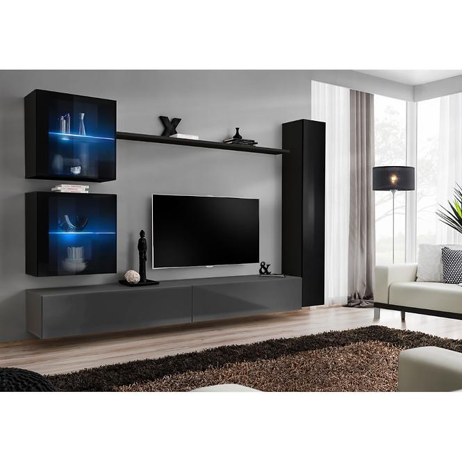 Wohnwand Switch XVIII Glas + LED Schwarz/Grafit