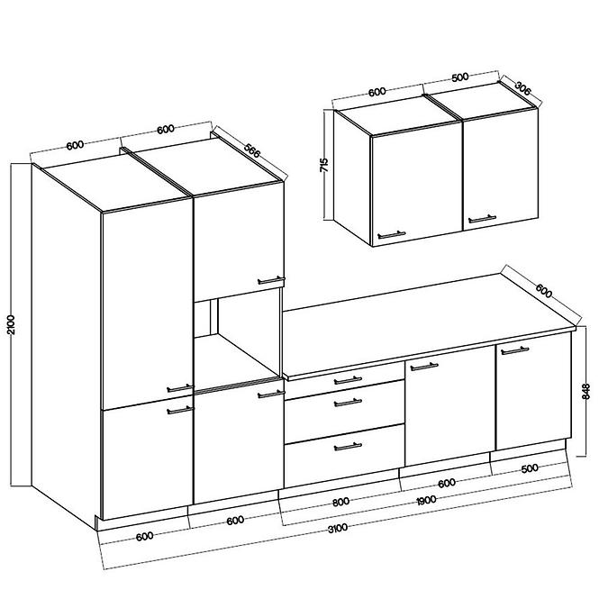 Küchenzeile Lara 310 Mdf Weiß Glänzend ohne Arbeitsplatte,2