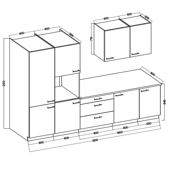 Küchenzeile Lara 310 Mdf Cappuccino Glänzend ohne Arbeitsplatte,2