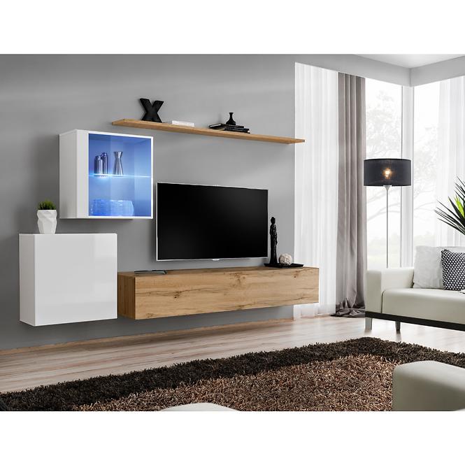 Wohnwand Switch XV Glass +LED weiß/Eiche Wotan