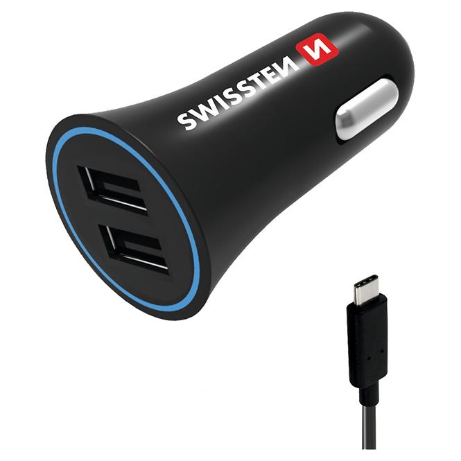 Ladergerät USB 12/24V Swissten 2,4AMP 2x USB+Kabel USB-C 1,2m