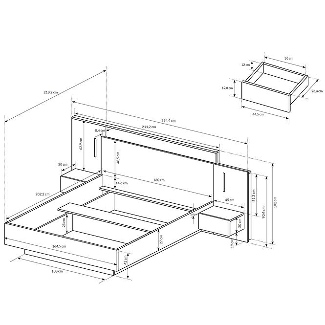 Bett 3D B Weiß/Eiche Craft Gold