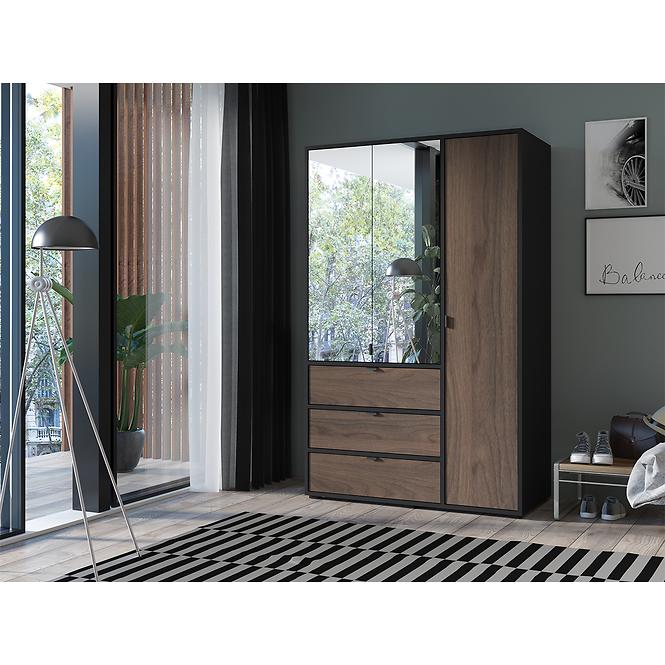Schrank Verona 2 135 Schwarz / Nussbaum / Spiegel