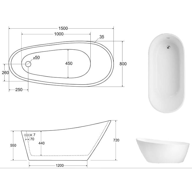 Frei stehende Badewanne Melody 150/80 Überlaufgarnitur Click-Clack mit rechteckigem Überlauf Slim Chrom