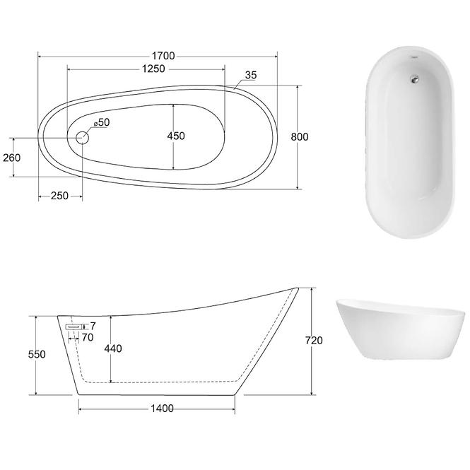 Frei stehende Badewanne Melody 170/80 Überlaufgarnitur Click-Clack mit rechteckigem Überlauf Slim Chrom
