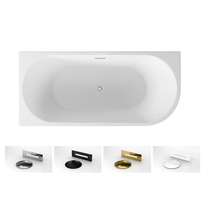 Frei stehende Eck-Badewanne Zoya 150/80 L + Click-Clack mit rechteckigem Überlauf Slim Chrom 