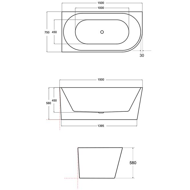 Frei stehende Eck-Badewanne Zoya 150/80 L + Click-Clack mit rechteckigem Überlauf Slim Chrom