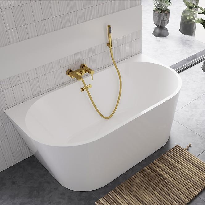 Frei stehende Badewanne zur Wand Vica 150/80 + Überlaufgarnitur Click-Clack mit Überlauf Slim in Gold