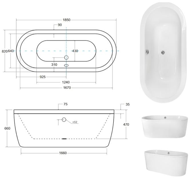 Frei stehende Badewanne Victoria 185/83 Weiß + Überlaufgarnitur Automat