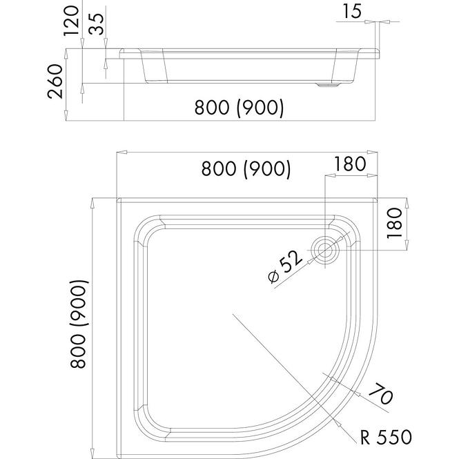 Duschwanne halbrund 90x90x26 R55 Grawello 3.014,2