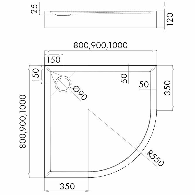Duschwanne halbrund 90x90x12 R55 Espera Plus AQM4634,2