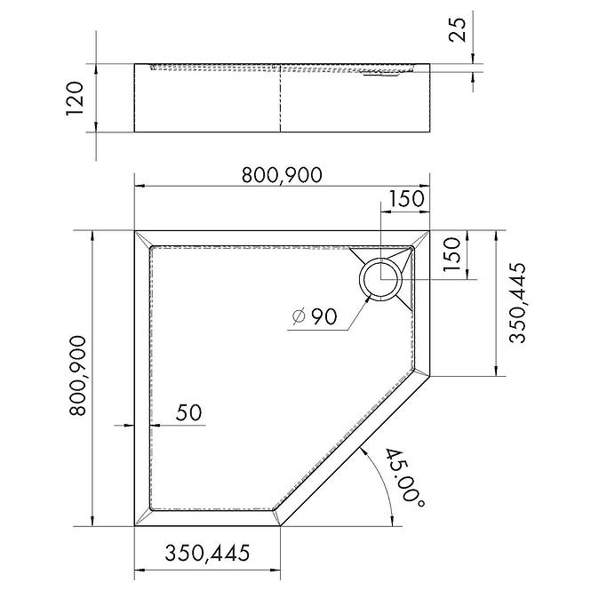 Duschwanne fünfeckig 90x90x12 Espera Plus AQM4698,2