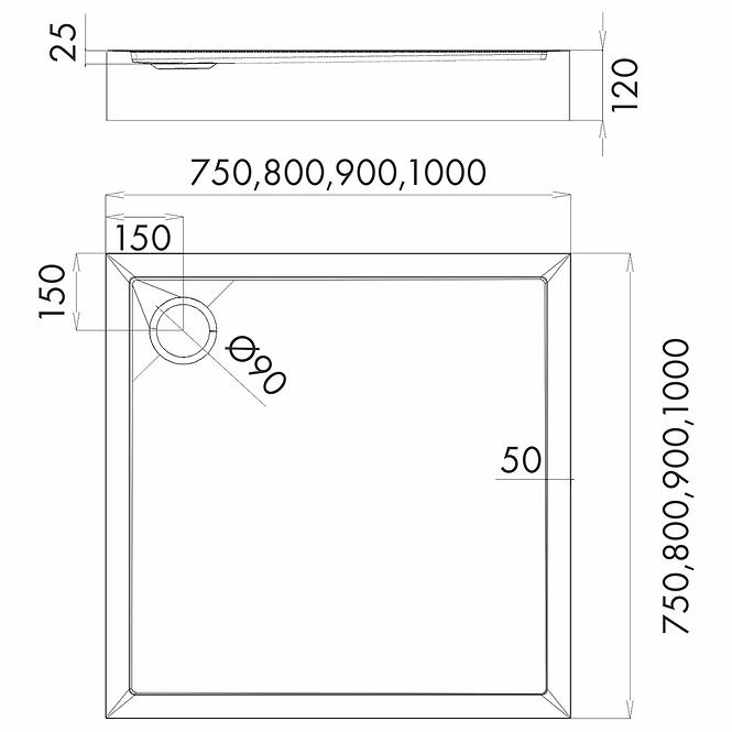 Duschwanne quadratisch Black Stone 90x90x12 Espera Plus AQM4631CST,2