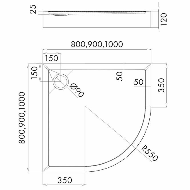 Duschwanne halbrund Black Stone 90x90x12 R55 Espera Plus AQM4634CST,2