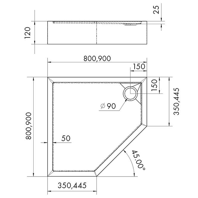 Duschwanne fünfeckig Black Stone 80x80x12 Espera Plus AQM4697CST,2