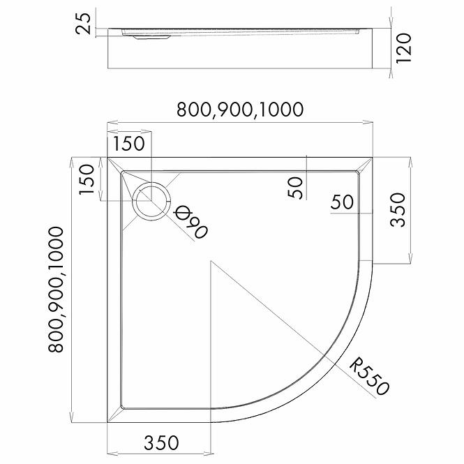 Duschwanne halbrund Black Mat 90x90x12 R55 Espera Plus AQM4634CMG,2