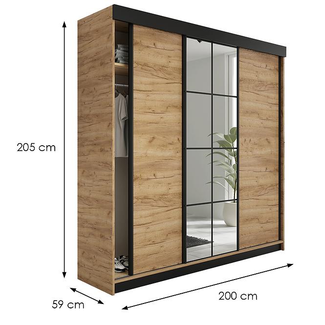 Kleiderschrank Lamaro 200 Eiche Craft Golden + schwarze Elemente