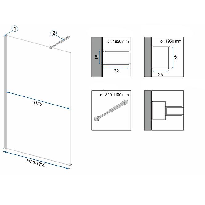 Duschwand Walk-in Aero Rea K6599 120x195 black