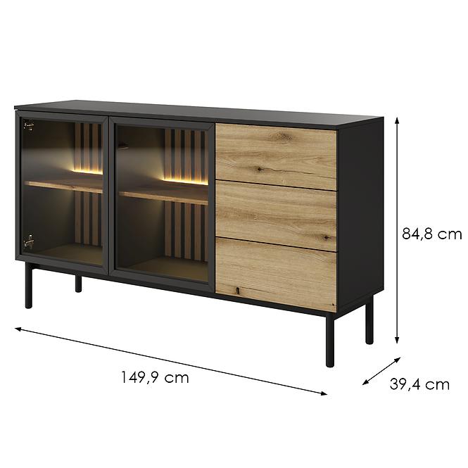 Kommode Lang C 150 2D3S + LED Schwarz /Eiche Evoke