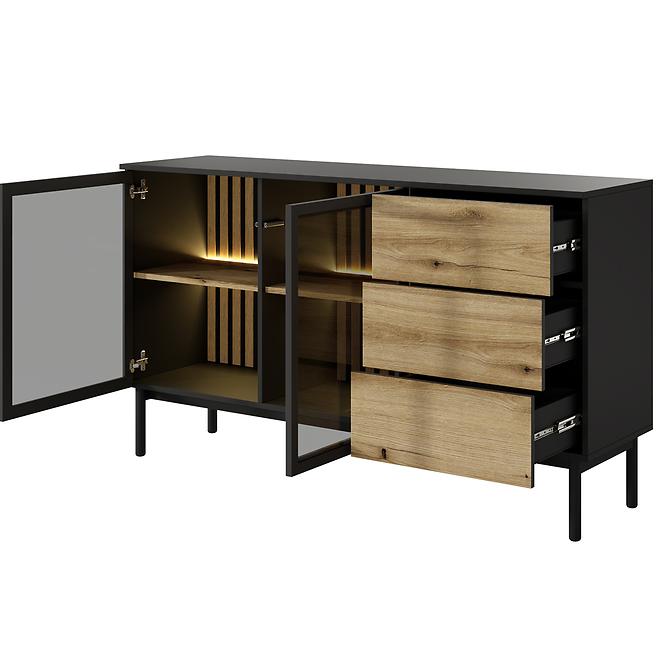 Kommode Lang C 150 2D3S + LED Schwarz /Eiche Evoke