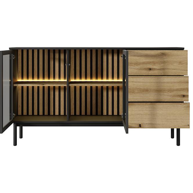 Kommode Lang C 150 2D3S + LED Schwarz /Eiche Evoke