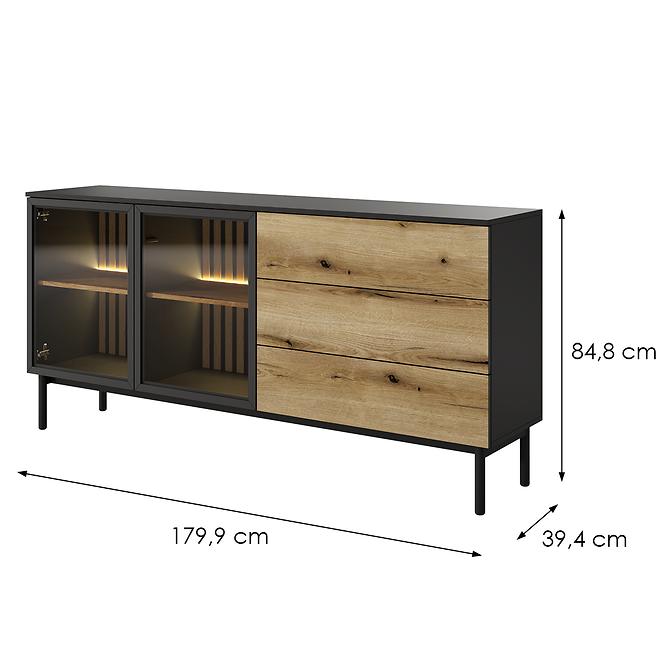 Kommode Lang D 180 2D3S + LED Schwarz /Eiche Evoke