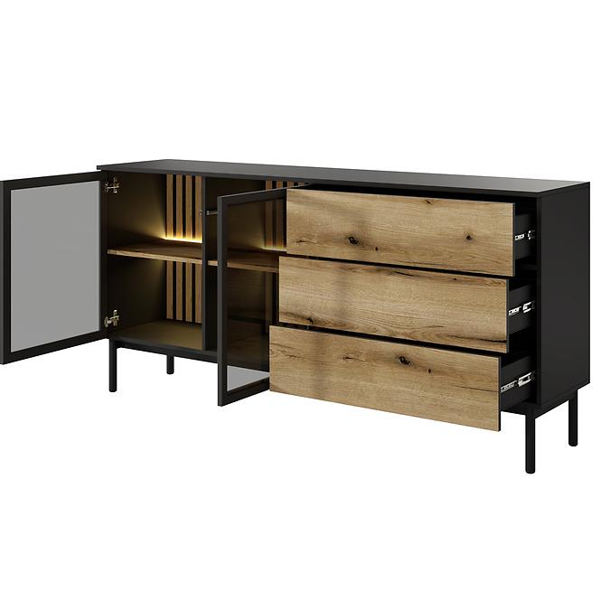 Kommode Lang D 180 2D3S + LED Schwarz /Eiche Evoke