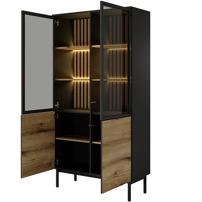 Vitrine Lang A hoch + LED Schwarz/Eiche Evoke 