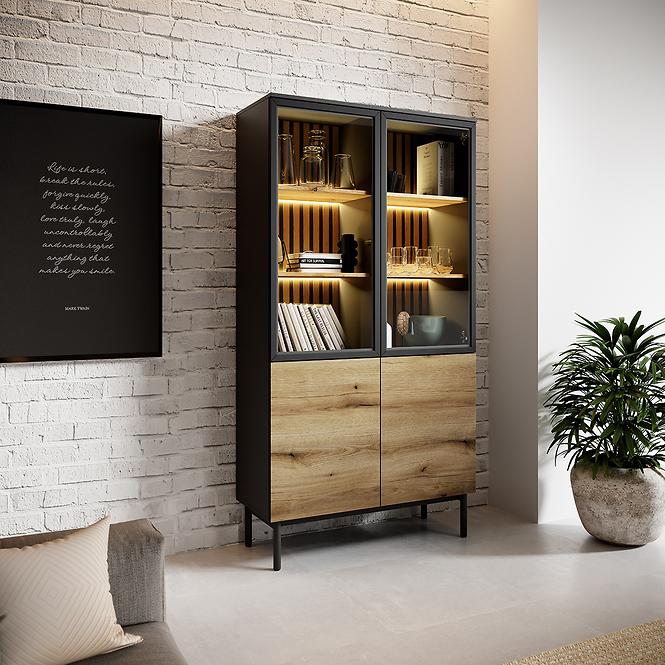 Vitrine Lang A hoch + LED Schwarz/Eiche Evoke 
