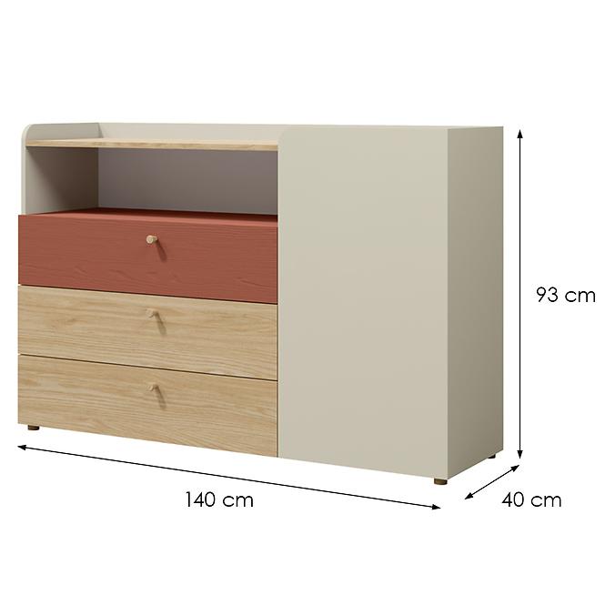 Kommode Yuki 8 Koralle/Graubeige/Geölte Eiche