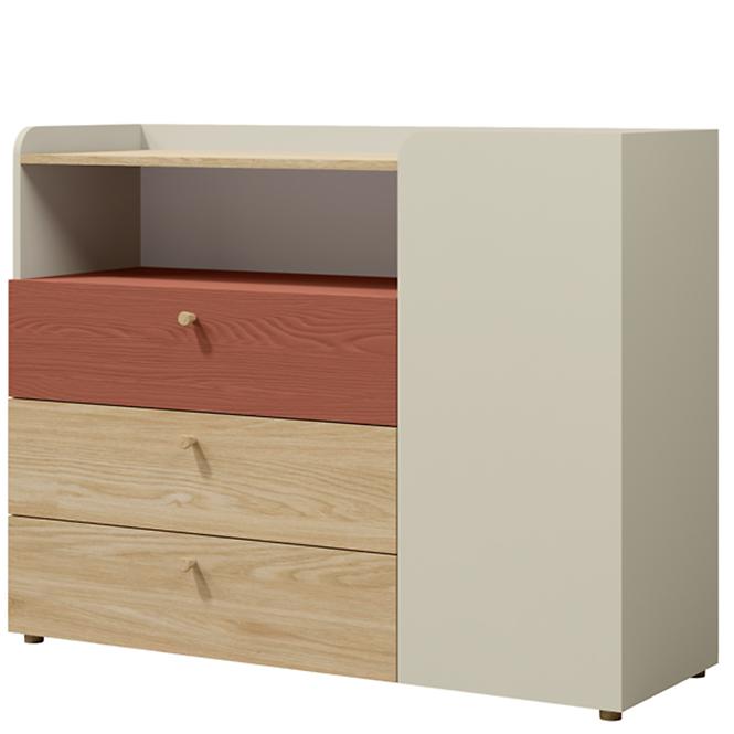 Kommode Yuki 9 Koralle/Graubeige/Geölte Eiche