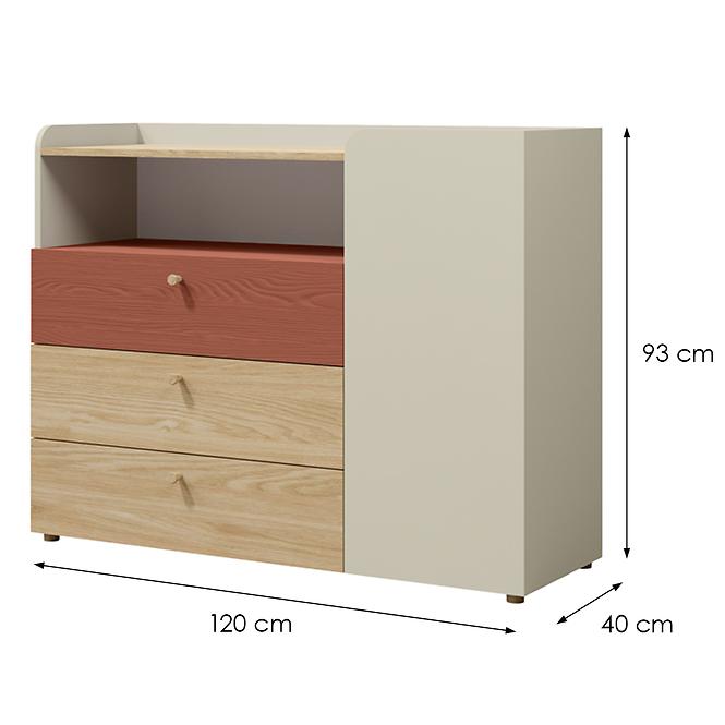 Kommode Yuki 9 Koralle/Graubeige/Geölte Eiche