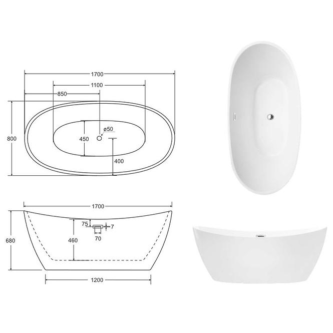 Freistehende Badewanne Ayla 170/80 + Siphon mit Click-Clack-Stöpsel, mit Überlauf, Schwarz,4