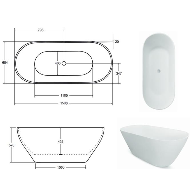 Freistehende Badewanne Moya 160/70, Siphon mit Click-Clack-Stöpsel, Chrom,4