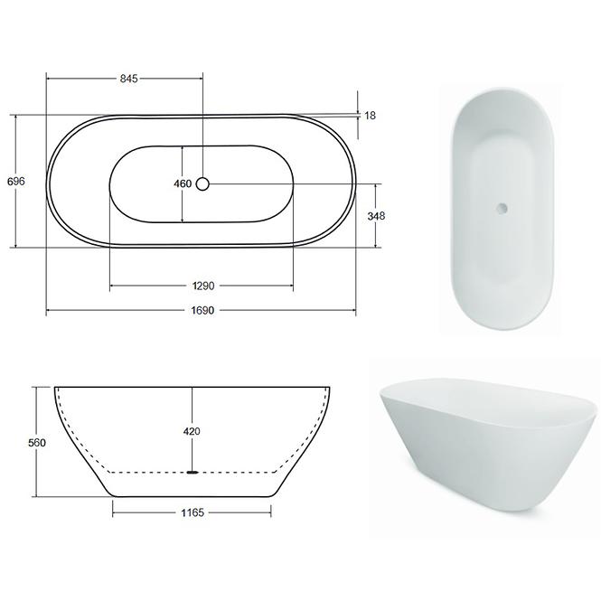 Freistehende Badewanne Moya 170/70, Siphon mit Click-Clack-Stöpsel, Chrom,4