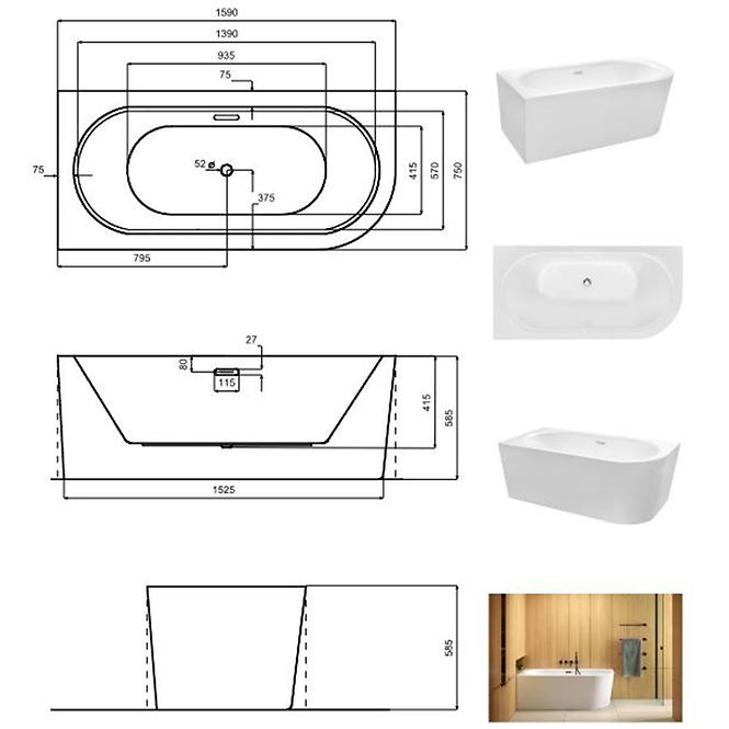 Freistehende Wand-Badewanne Avita A-Line 160L + Siphon mit Click-Clack-Stöpsel, Chrom,6