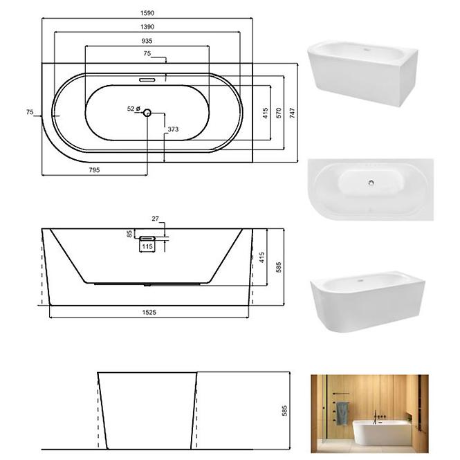 Freistehende Wand-Badewanne Avita A-Line 160P + Siphon mit Click-Clack-Stöpsel, Schwarz ,6