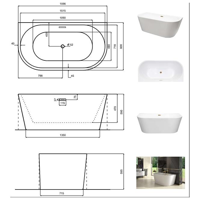 Freistehende Wand-Badewanne Vica New 160/80 + Siphon mit Click-Clack-Stöpsel, von oben gereinigt, mit SLIM-Überlauf, Schwarz ,5