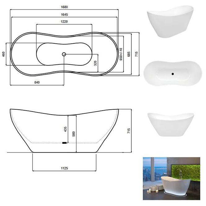 Freistehende Badewanne Viya 170/72 + Siphon mit Click-Clack-Stöpsel, Chrom,4
