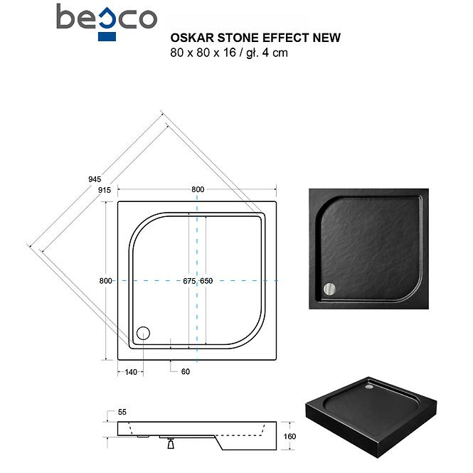 Duschwanne Viereck Oskar Stone Effect New 80x80 Schwarz