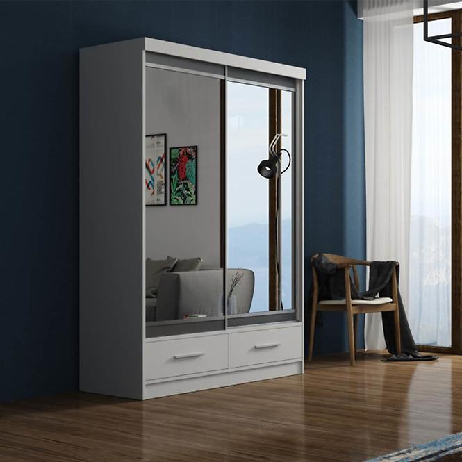 Schrank Margo 150cm Eiche Weiß Mat/Grau+ Spiegel