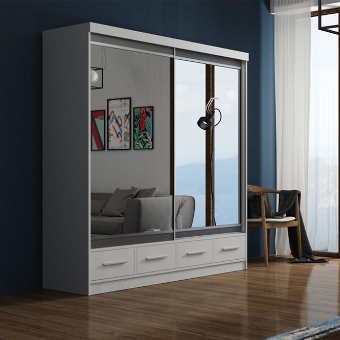 Schrank Margo 200cm Eiche Weiß Mat/Grau+ Spiegel